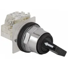 This 30 mm panel-mount selector switch from the 9001K series features a maintained/maintained action with two positions (Off/On) and a long-handled knob. It has an SPDT contact configuration with AC rating of 1.5 A at 480 V and DC rating of 0.27 A at 250 V. The operator head is polycarbonate with a metallic bezel. Suitable for industrial control panels and machinery requiring manual on/off control in non-hazardous environments.