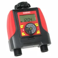 Digital hose-end timer with dual-zone control for independent scheduling of two watering areas. Programmable from 1 to 7 days, with an outdoor-rated enclosure. RoHS compliant, 8 inches height, 3 inches depth. No battery backup