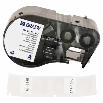 BRADY Wraparound Label: 1 3/16 in x 1 in, Vinyl, White (Matte) - Brady Precut Label Roll Cartridges