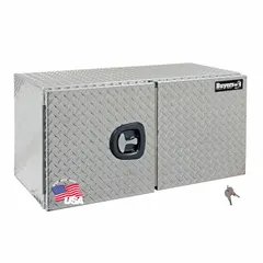 This double barn-door box is designed for underbody mounting on trucks. It features a silver finish, 18-inch overall depth, and a keyed lock for secure storage of tools and equipment.