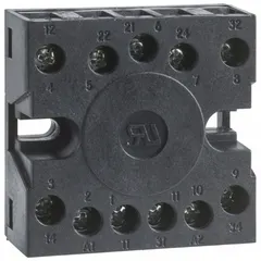 Surface-mounted relay socket with 11 pins, rated 5 A. Features a standard B socket design with finger-safe construction for operator protection. Suitable for mounting and connecting relays in control panels and automation systems.