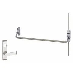 Surface-mounted vertical rod exit device with lever trim and crossbar, designed for doors up to 44 inches wide. Chrome finish (US26D). Suitable for commercial egress applications requiring push-bar operation.