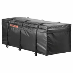 Black vinyl cargo bag for roof-mount installation on vehicle roof racks. Measures 56 in length, 22 in width, 21 in height. Provides weather-resistant storage for luggage, camping gear, and other bulky items during travel.