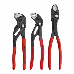 This set includes three pliers with standard cushion-grip, manual handles. It covers a pliers range of 2 to 5 and features Twin Grip Pliers and Tongue & Groove Pliers. Suitable for general gripping, turning, and clamping tasks in maintenance, plumbing, and assembly.