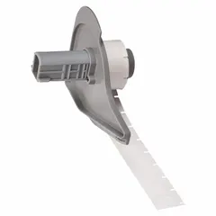Nylon precut label roll, black on white, 1/2 in x 1/2 in size. Designed for wire marking on 22 AWG to 16 AWG wire gauge. Compatible with BMP71 printer series and requires M7-R4300 ribbon. Used for identification in control panels, electrical cabinets, and maintenance applications.