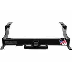 This Class V hitch receiver is designed for the Ford F-350 Chassis, offering a 20,000 lb gross trailer weight capacity and 20,000 lb tongue weight. Constructed from carbon steel with a powder-coated finish, it installs at the back of the vehicle and requires drilling. Suitable for heavy-duty towing applications such as industrial, construction, or agricultural use.