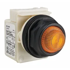 Amber incandescent pilot light from the SCHNEIDER 9001SK Series. Designed for 30 mm panel mounting. Used as a visual indicator on industrial control panels to signal equipment status such as power-on or alarm conditions. No push-to-test function included.