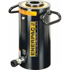 The ENERPAC RACH15010 is a lightweight hollow ram with a 150 ton nominal capacity and 9 13/16 in nominal stroke length. It features a 3.11 in center hole for passing rods or cables, suitable for tensioning, pulling, and lifting applications.