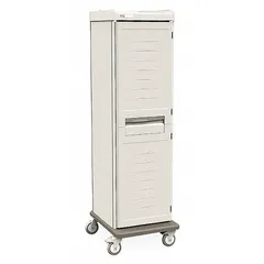 This mobile medical shelf cabinet from METRO features antimicrobial protection for healthcare environments. It includes 4 adjustable shelves and a single locking door, with a taupe finish. The cabinet measures 22 3/4 in x 27 7/8 in x 78 1/4 in and is designed for storing and organizing medical supplies, instruments, or linens in hospitals, clinics, or laboratories.