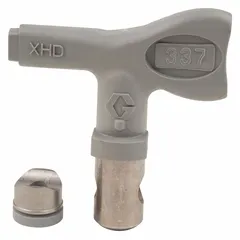 This GRACO airless spray gun tip is designed for applying coatings such as paint and lacquer in industrial finishing, construction, and maintenance tasks. It features a 0.037 in tip size and is compatible with the XHF series and model XHD001. The gray tip delivers a precise spray pattern for consistent results.