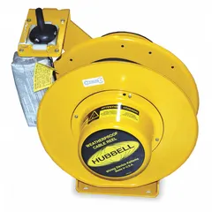 Hardwired self-retracting cord reel with ratchet lock mechanism. Includes 50 ft of 10 AWG SOW cord in white, terminated with bare wire for hardwired connections. Rated for 600V AC. Suitable for industrial settings requiring a retractable power source, such as workshops, assembly lines, and maintenance areas.