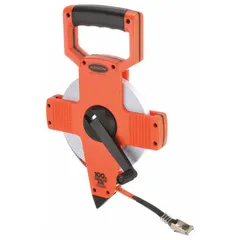 Manual open-reel tape measure with a 100 ft fiberglass blade marked in SAE 1/8 in increments. Single-sided hook-end design with a nonmagnetic single hook and plastic case. Used for measuring long distances in construction, surveying, and utility layout.