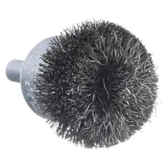 Crimped steel flared brush for light cleaning and surface preparation on carbon steel. The flared design reaches into grooves and corners for deburring, edge blending, and finishing. Diameter 1-1/4 in, fill diameter 0.08 in, shank 1/4 in.
