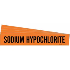 Orange adhesive pipe marker with black legend reading 'Sodium Hypochlorite'. Fits pipe outer diameters from 2-1/2 to 7-7/8 inches. Supplied without arrows in a 5-pack. Used to identify pipes carrying sodium hypochlorite in industrial facilities.