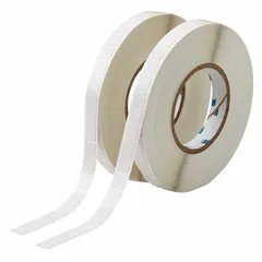 Precut label roll measuring 1/2 in x 1/2 in, made of polyimide with a white matte finish and permanent adhesive. Compatible with PR Plus printer series. Used for durable identification in industrial environments, such as labeling equipment, components, and circuit boards.