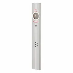 This battery-powered door alarm features a mortise cylinder and an aluminum body. It produces an 85 dB horn sound when the door is opened. Typical applications include securing emergency exit doors in commercial buildings such as schools, offices, and retail facilities.