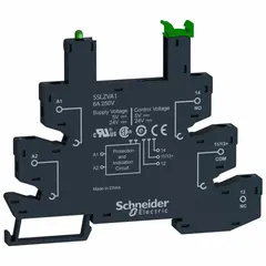 This DIN-rail mounted slim socket features spring terminal connections for secure wiring. It is designed for use with interface relays in industrial control applications, such as automation and process control panels.