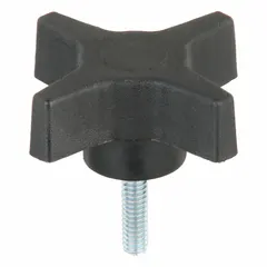 This 4-arm knob with threaded stud is used for manual clamping, positioning, and adjustment on industrial machinery, jigs, and fixtures. It features a 2.46 in diameter plastic body with a steel thread insert and a 1/4"-20 threaded steel stud.