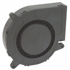 Standard square axial fan with a polybutylene blade and polybutylene terephthalate housing. Measures 5 in height by 1 1/2 in depth. Connects via lead wires and is rated IP20. Suitable for general-purpose cooling and ventilation in electronic enclosures, control panels, and small equipment.