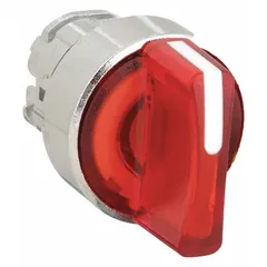 Illuminated selector-switch operator from the Series XB4 line with a metallic bezel and 22 mm panel mount. Features three positions with maintained action in each position. No cam included. Suitable for industrial control panels requiring a robust operator interface for mode or function selection.
