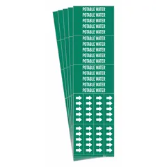 Green adhesive pipe marker with white legend reading 'Potable Water' and directional arrows. Designed for pipes with outer diameter of 3/4 inch or smaller. Each pack contains 5 markers. Used to identify drinking water lines in industrial and commercial piping systems.