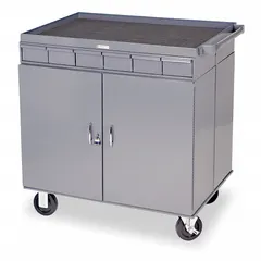 This fully assembled steel mobile cabinet bench features a 34 in x 24 in work surface, open storage, drawers, and shelves. It includes a handle on the side for mobility and has an overall load capacity of 1,200 lb. Suitable for use in industrial workshops, warehouses, and maintenance facilities for assembly, repair, and tool organization tasks.