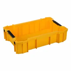 Yellow plastic storage tote measuring 18 7/16 in wide by 4 1/2 in high by 18 in long. Internal slots accept self-customized plywood dividers for organizing tools and accessories. Suitable for job site transport and integration with modular storage systems.