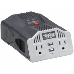 This inverter converts 12V DC power from a vehicle battery to 120V AC at 60 Hz with a modified sine wave output. It features four outlets and dual connection options via a cigarette lighter input plug and battery cables, suitable for powering AC devices in mobile or backup power applications.