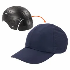 This polyethylene bump cap provides head protection against minor bumps and scrapes in low-clearance environments. Features a solid navy blue shell with venting for airflow and a buckle suspension adjustment for a secure fit. Suitable for use in warehouses, assembly lines, and maintenance areas where hard hats are not required.