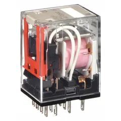 OMRON MY Series general-purpose relay with 4PDT contact configuration, 120V AC coil voltage, and 5 A current rating. Features a square base with 14 flat pins for plug-in mounting and quick-connect terminals. Suitable for switching industrial loads such as motors, solenoids, and lighting in control panels and automation systems.
