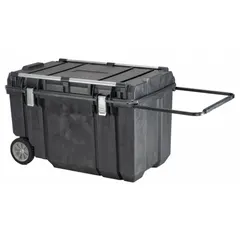 This plastic rolling tool box features a hinged lid and a single large compartment for transporting and storing tools and equipment. The black body measures 38-1/4 inches wide by 23 inches deep by 23 inches high.
