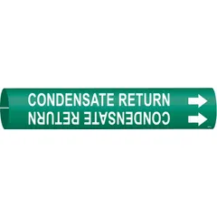Snap-on pipe marker for identifying condensate return lines. Green background with white legend and directional arrows. Fits pipe O.D. from 3/4 to 1-3/8 in. Supplied as a single marker.