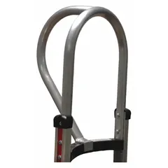 This aluminum handle attachment is designed for curved frame hand trucks, featuring a vertical loop configuration. With a height of 16 1/4 inches and width of 10 1/4 inches, it supports loads up to 500 lb. Suitable for replacement or upgrade in material handling tasks such as moving boxes, equipment, or other goods in warehouses, stockrooms, and delivery settings.