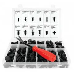 This plastic push pin retainer assortment includes a selection of clips for automotive body fastening. Compatible with Chrysler, Ford, GM, Honda, Nissan, and Toyota vehicles. Suitable for interior and exterior trim repairs.