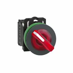 SCHNEIDER XB5FK124M5 is a 30 mm panel-mounting illuminated selector switch with a short-handled knob and non-metallic bezel. It features maintained/maintained action across two positions (Off/On) with 1NO/1NC contacts, rated at 6 A @ 120 V AC and 0.55 A @ 125 V DC. Suitable for manual on/off control in industrial machinery and control panels.