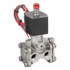 This 3-way/2-position normally closed solenoid valve features a 3/8 in pipe size and 24V DC operation. The explosion-proof and watertight coil enclosure suits use in hazardous environments. Typical applications include controlling air, water, or light oil in industrial automation and process control systems.