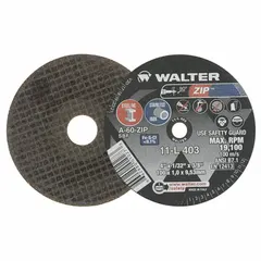 General purpose cut-off wheel for carbon and stainless steel. Aluminum oxide construction with 60 grit. Type 1 wheel measures 4" diameter, 1/32" thickness, 3/8" arbor hole. Suitable for cutting ferrous metals in fabrication and maintenance applications.