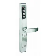 Electronic keyless access lockset with keypad entry and clutch lever style. Chrome finish. ADA compliant. Includes mortise cylinder for key override. Suitable for commercial or institutional doors requiring code-based access.