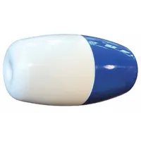 Plastic rope float used to mark swimming lanes or safety boundaries in pools. Blue and white. Overall length 8 1/2 in, diameter 5 in. Attaches to pool ropes to keep them afloat and visible