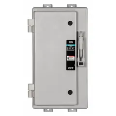Fusible safety switch rated 100 A, three-phase, 600V AC. Non-metallic enclosure suitable for indoor and outdoor use. Used for disconnecting power in industrial and commercial electrical systems.
