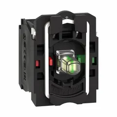 This contact and light block assembly from the XB5 series includes a white LED bulb and provides one normally open and one normally closed contact. It operates at 24V AC/DC and is designed for 22 mm panel mounting in industrial control panels and automation systems.