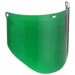 This 3M replacement visor is made of green polycarbonate and is uncoated. It measures 9 inches in height and 2 mm in thickness. Designed for use with compatible face shield brackets, it provides protection during welding, grinding, and cutting operations.