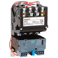 This non-reversing motor starter is NEMA Size 1 rated at 27 A for three-phase motors. It features a 208V AC coil, electronic overload protection (no thermal units required), a pilot light for status indication, and one normally open auxiliary contact. Screw terminals facilitate wiring. Typical applications include starting and protecting motors in conveyors, pumps, and fans.