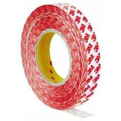 This double-sided tape features a transparent acrylic adhesive on a polyester film backing. It is 8 mil thick, 1 inch wide, and 54 5/8 yards long. Used for mounting, splicing, and bonding in industrial assembly, graphics, and electronics applications.