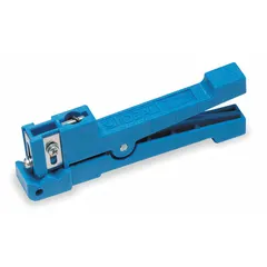 Hand tool for stripping inner conductors of RG-58 coaxial cable from 1/8 to 1/4 in. Features a rounded edge blade and 3 1/2 in overall length. Used in data and telecommunications cable preparation.