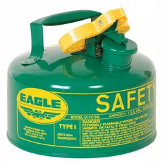EAGLE UI10SG Type I Safety Can with 1 gal capacity, constructed from powder coated steel in green. Designed for handling and storing flammable liquids such as oil in industrial environments. Suitable for maintenance, manufacturing, and facility operations where compliant containment is required.