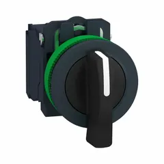 The SCHNEIDER XB5FJ21 is a 30 mm panel-mounting selector switch from the XB5 series. It features a long-handled knob, non-illuminated plastic operator head, and non-metallic bezel. The switch has two positions (Off/On) with maintained/maintained action, meaning it stays in the selected position until manually changed. It is rated for 6 A at 120 V AC and 0.55 A at 125 V DC, and is not rated for hazardous locations. Typical applications include industrial control circuits for machine start/stop or mode selection.