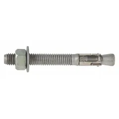 These DEWALT steel wedge anchors are designed for fastening structural elements, machinery, and equipment to concrete. Each anchor has a 3/8-inch diameter, 3/8"-16 thread size, and 5 1/2-inch thread length. The hot-dipped galvanized finish provides corrosion resistance for indoor and outdoor applications. Supplied in a 50-pack.