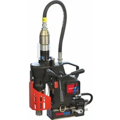 Air-powered magnetic drill with 2 in drill travel and 290 RPM maximum spindle speed. Consumes 50 cfm of compressed air. Suitable for drilling ferrous metals in environments where electric sparks are a concern, such as fabrication shops and structural steel construction.