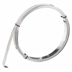 201 stainless steel strapping for heavy-duty bundling, clamping, and fastening in industrial applications such as pipe support, cable management, and ductwork. Gray finish, 50 ft length, 5,500 lb break strength.
